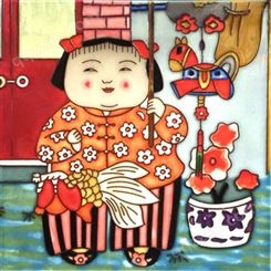 中式喜庆手绘方形福娃陶瓷板画 可定制图案出口礼物商务会议礼品