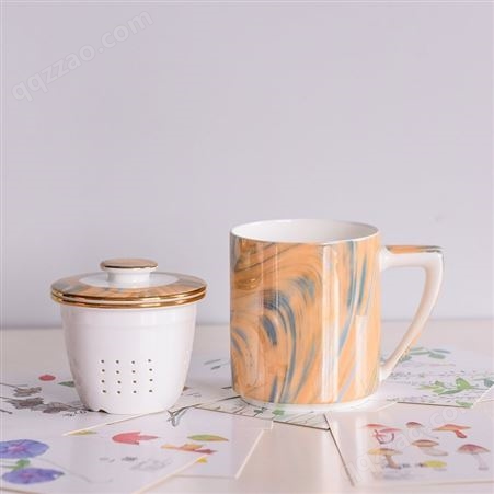 陶瓷茶漏盖杯 创意办公骨瓷茶水杯 会议室茶杯可定制logo