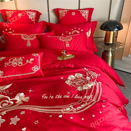 大红色婚庆床上四件套纯棉中式大花提花 床品套件
