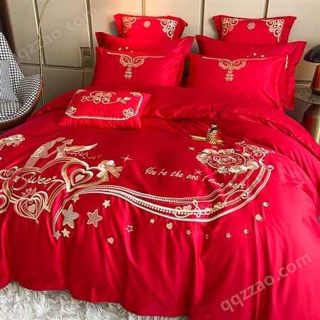 大红色婚庆床上四件套纯棉中式大花提花 床品套件