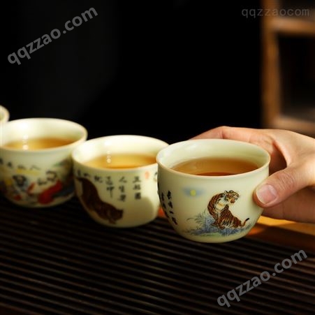 羊脂玉瓷陶瓷茶杯猛虎下山主人杯功夫茶杯大茶杯礼品纪念杯